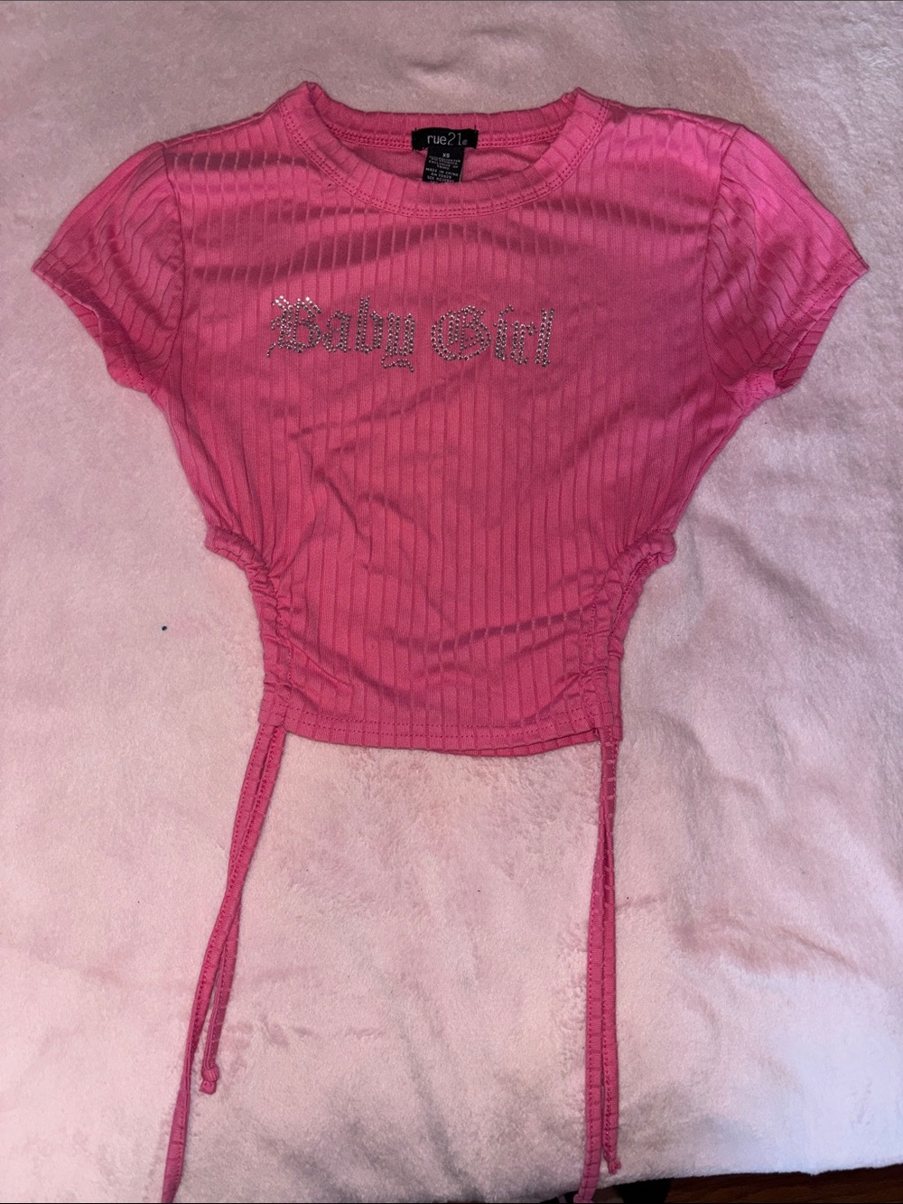 Rue21 Hot Pink Ribbed Rhinestone 'Baby Girl' Crop Tee with Side Ties